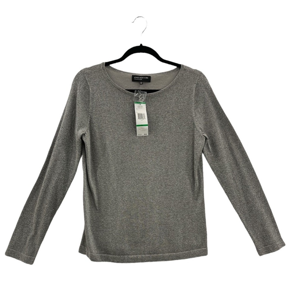 Jones New York Collection Women's Silver Sparkle Long Sleeve Knit Top Size L